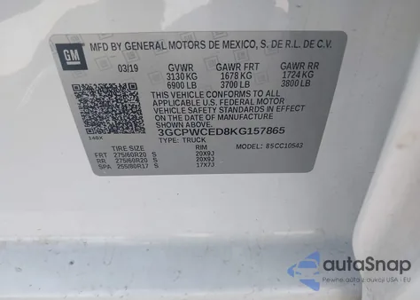 2019 Chevrolet Silverado 1500 Lt z USA, uszkodzony, nr VIN 3GCPWCED8KG157865